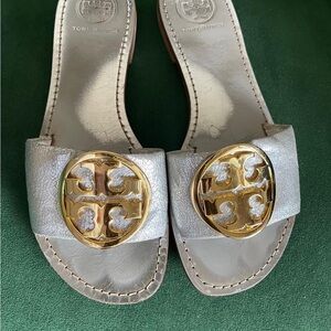Tory Burch Metallic Gray Sandals with Gold Accent